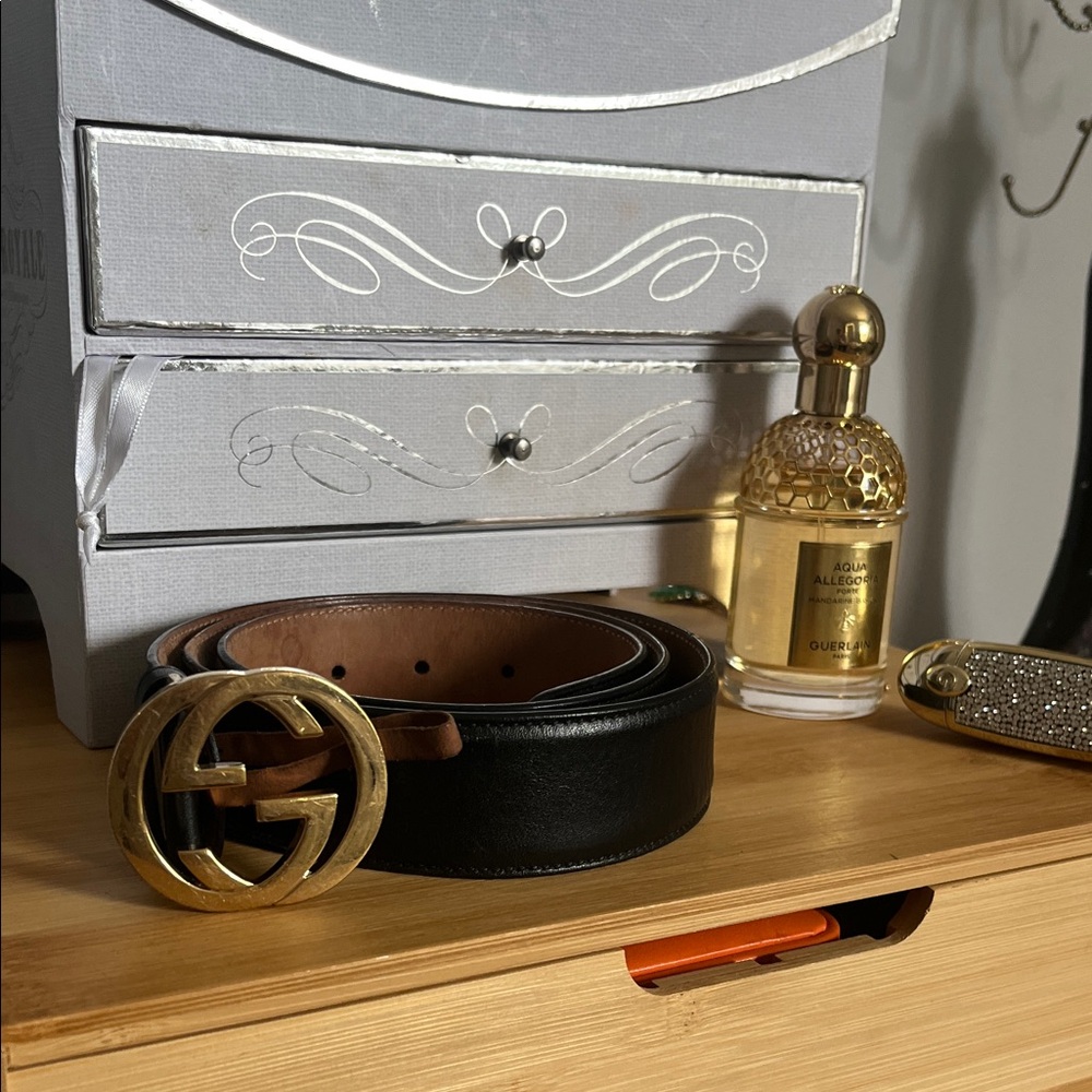 Vintage Gucci Black and Brown Leather Belt with Gold Buckle